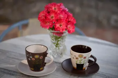 two coffee cups and a vase with flowers on a table at Apartmani Stanisic in Čanj