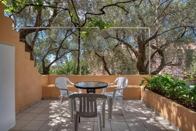 a patio with a table and chairs and trees at Guest House Vukovic in Petrovac na Moru
