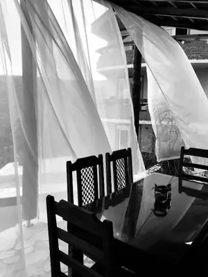 a black and white photo of a table with white curtains at Apartments Bonaca in Budva