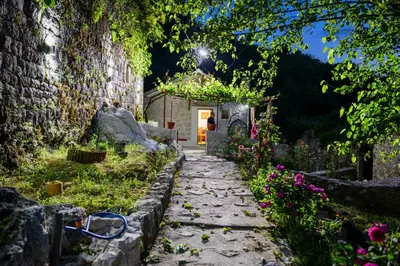 a stone path leading to a door in a garden at centuries old Ethno House Đurović in Virpazar