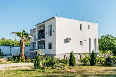 a white building with a palm tree in front of it at Tramonto Apartments in Radanovići