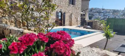 a garden with pink flowers and a swimming pool at Hotel Palata Venezia in Ulcinj