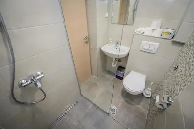 a bathroom with a shower and a toilet and a sink at Apartment Vrutak in Kotor