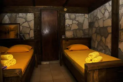 two beds in a room with a stone wall at Skadar Lake House Virpazar in Virpazar