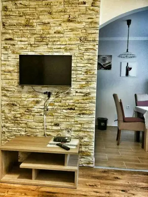 a living room with a television on a stone wall at Apartment Podkosljun in Budva