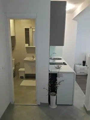 a white kitchen with a sink and a stove at Apartments Stojanovic in Ulcinj