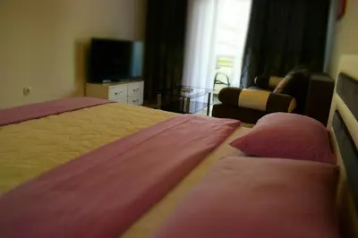 a hotel room with two beds and a television at Apartments Stojanovic in Ulcinj