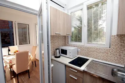 a kitchen with a sink and a microwave at Apartments Centar Sutomore in Sutomore