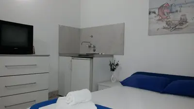 a bedroom with a bed and a sink and a tv at Apartmani Drašković in Petrovac na Moru