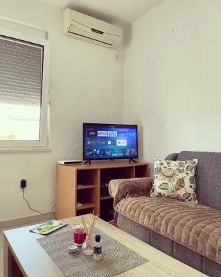 a living room with a couch and a tv at Apartments Vali in Ulcinj