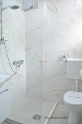 a bathroom with a shower and a toilet at Apartmani 