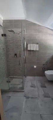 a bathroom with a shower and a toilet at Zoran Apartments in Sveti Stefan