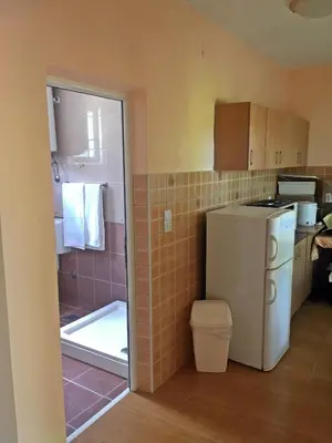 a small kitchen with a refrigerator and a shower at Apartments Pelinkovic in Ulcinj