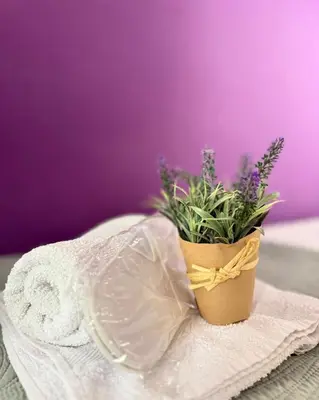 a flower pot with purple flowers on a table at Apartments Casa del Sol Jovana in Kotor