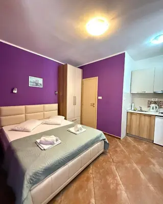 a bedroom with a large bed and a purple wall at Apartments Casa del Sol Jovana in Kotor