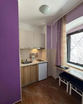 a kitchen with purple walls and a sink and a window at Apartments Casa del Sol Jovana in Kotor