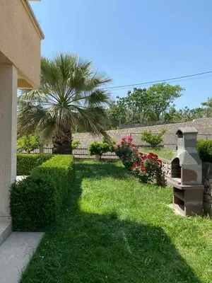 a garden with a palm tree and a brick wall at Ceka Apartments in Ulcinj