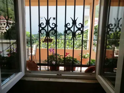 a window with a view of a balcony with plants at Holiday Home Hermes in Budva
