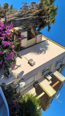 a view of a building with purple flowers at Apartment Dmitr Petrovac in Petrovac na Moru