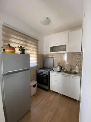 a small kitchen with a refrigerator and a stove at Apartments Luna in Bar