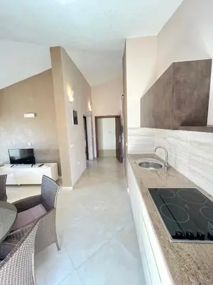 a kitchen with a stove and a counter top at Apartments Harris in Ulcinj