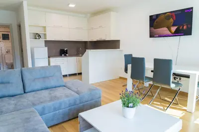 a living room with a blue couch and a kitchen at Apartment Blue Adriatic in Budva