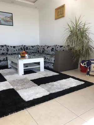 a living room with a couch and a black and white rug at Apartmani Dini in Ulcinj