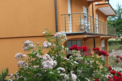 a building with a balcony and flowers in front of it at Apartments Kapisoda in Cetinje