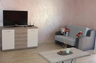 a living room with a couch and a television on a dresser at Apartments Kapisoda in Cetinje