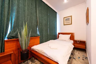 a bedroom with a bed and a plant in a window at Hotel Bojatours in Podgorica