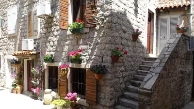 a stone building with potted plants on the side of it at Apartments Renaissance Old town in Budva