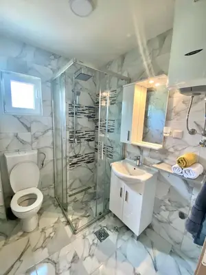 a bathroom with a toilet and a shower and a sink at Apartments Wild Beauty - Krimovica in Budva
