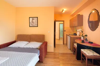 a small room with a bed and a kitchen at Astor apartments in Budva