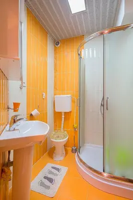 a bathroom with a shower and a toilet and a sink at Astor apartments in Budva