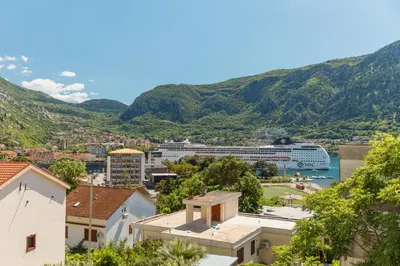 a view of a city with a cruise ship in the water at Apartments Los Olivos in Kotor