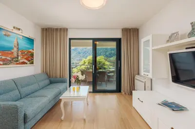 a living room with a blue couch and a tv at Apartments Los Olivos in Kotor