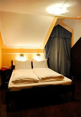 a bed in a room with a ceiling at Hotel Evropa in Podgorica