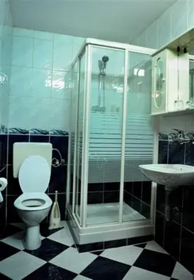 a bathroom with a shower and a toilet and a sink at Hotel Evropa in Podgorica
