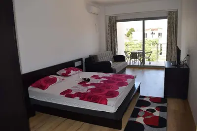a bedroom with a bed with red roses on it at Leli Apartments in Ulcinj