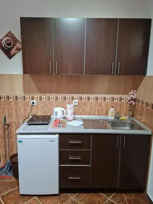 a kitchen with a white refrigerator and a sink at Apartmani Sanja in Bar