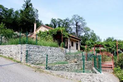 a stone wall with a fence in front of a house at Holiday Home Gazevic in Virpazar