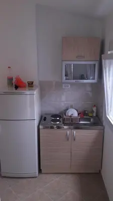 a small kitchen with a stove and a sink at Apartmani 