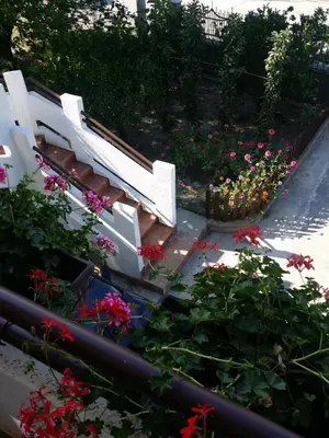 a white bench in a garden with flowers at Apartman Tripkovic in Bar