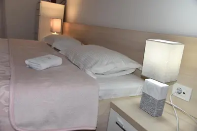 a bed with two pillows and a night stand with a lamp at Apartment Lux Fontana in Budva