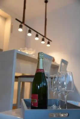 a bottle of wine sitting on a table with wine glasses at Apartment Lux Fontana in Budva