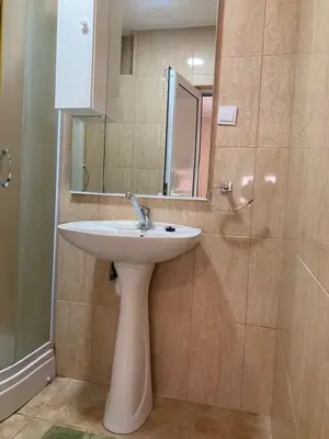 a bathroom with a sink and a shower with a mirror at Apartments Batalo in Budva