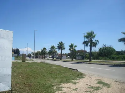 an empty street with palm trees on the side of a road at Rooms Ajllin in Ulcinj