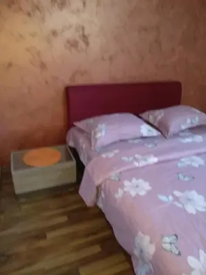 a bedroom with a bed with pink sheets and a table at Apartments Popovic in Podgorica