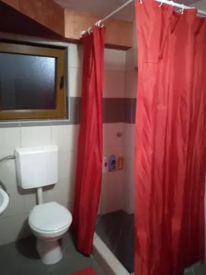 a bathroom with a toilet and a red shower curtain at Apartments Popovic in Podgorica