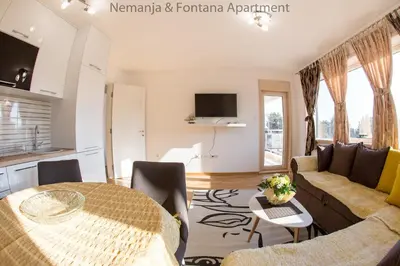 a living room with a couch and a table at Mateja&Fontana Apartment in Budva